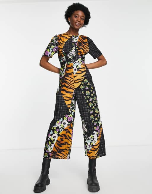 ASOS DESIGN – Kombinezon z ozdobnym marszczeniem i paskiem w kolorowy wzór 
