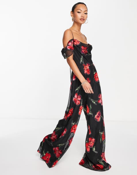 ASOS DESIGN – Kombinezon z szerokimi nogawkami i drapowanym dekoltem, w kwiatowy wzór - view 1