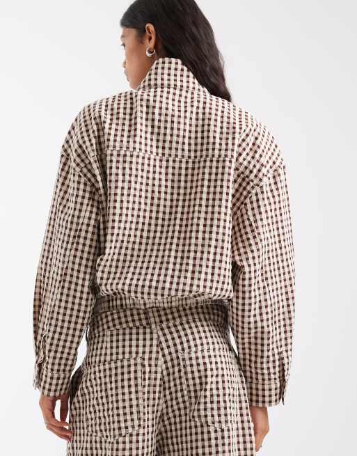 ASOS DESIGN Kombiteil Bomberjacke mit Stehkragen in braunem Vichy-Karo, 4 von 4
