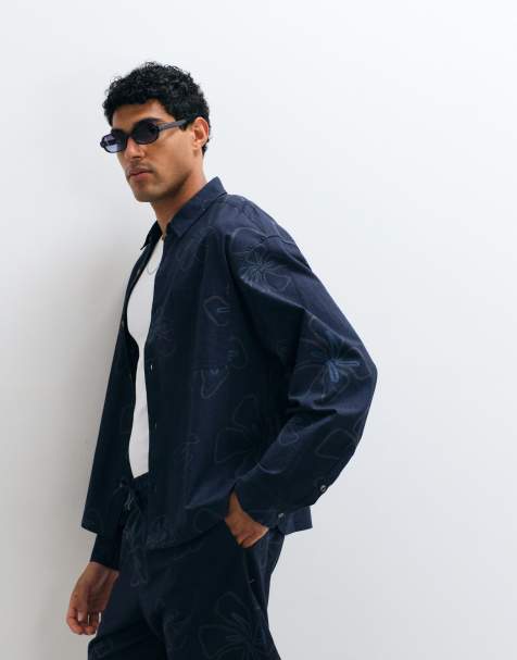 ASOS DESIGN Kombiteil boxy Oversize-Hemd mit Blumenmuster und Leinen in Marineblau - view 1