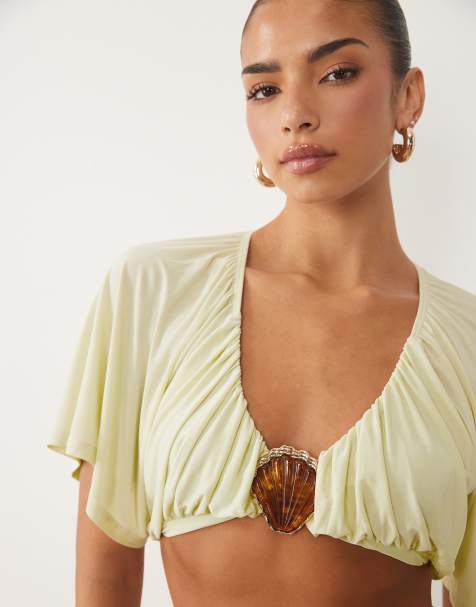 ASOS DESIGN Kombiteil fließendes drapiertes Oberteil mit Muschelbesatz in Cremeweiß - view 1