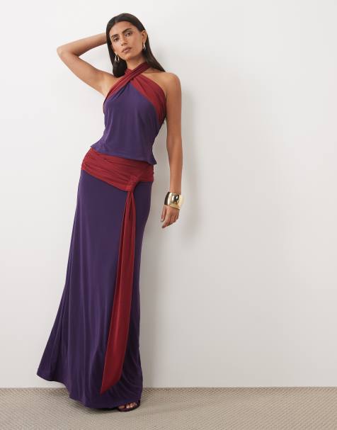 ASOS DESIGN Kombiteil Maxirock mit weichem Griff, Kontrast-Schärpe und Bund in Lila und Weinrot - view 1