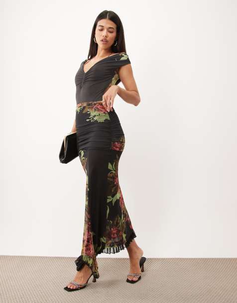 ASOS DESIGN Kombiteil Midirock aus Mesh mit asymmetrischem Schnitt und Blumenmuster in Schwarz - view 1