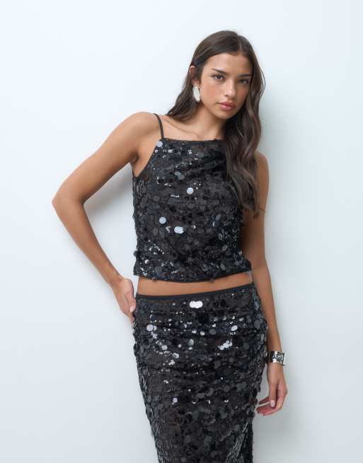 ASOS DESIGN Kombiteil mit Pailletten, asymmetrisches Camisole und geraffter Schulter in Schwarz, 5 von 5
