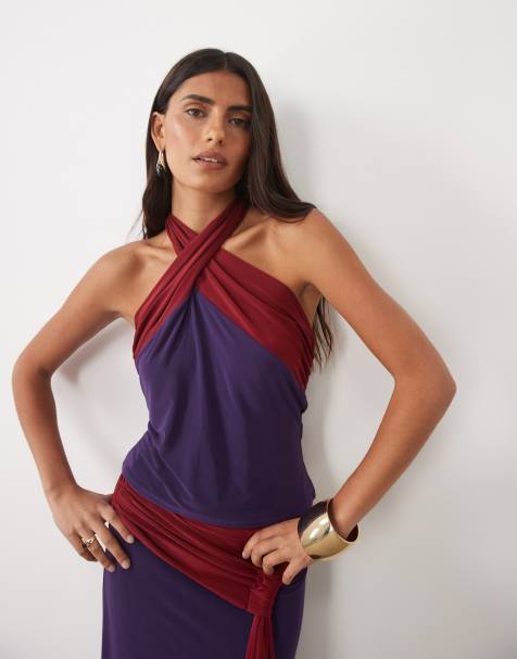 ASOS DESIGN Kombiteil mit weichem Griff, Kontrast-Bindehals und Neckholder in Lila und Weinrot - view 1