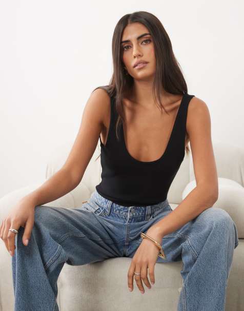 ASOS DESIGN kompakt bomullsbodysuit med djup halsringning och utan ärmar i svart - view 1