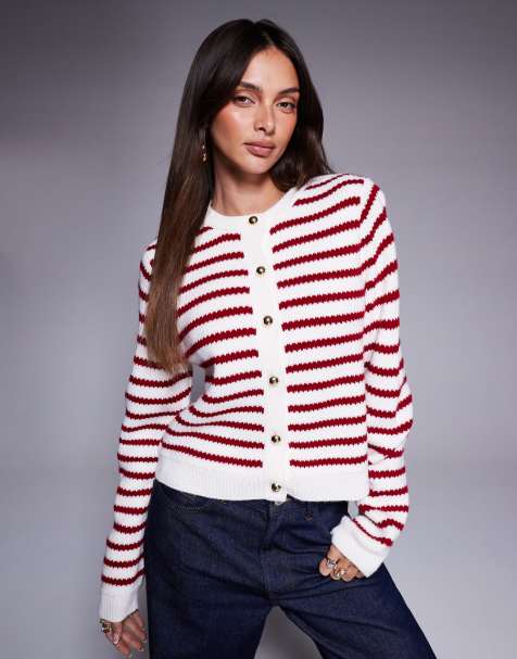 ASOS DESIGN – Kompakte Strickjacke mit roten Streifen und goldfarbenen Knöpfen - view 1