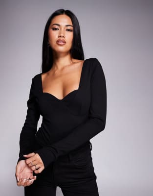 ASOS DESIGN - Kompakter, langärmliger Body aus Polyamid in Schwarz mit Körbchendetail