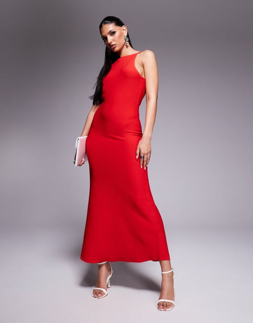ASOS DESIGN – Kompaktowa dzianinowa sukienka midaxi na ramiączkach w czerwonym kolorze