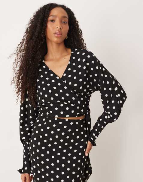 ASOS DESIGN wrap over long sleeve co-ord blouse in polka dot