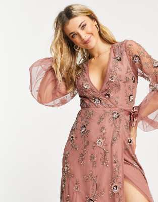 ASOS DESIGN – Kopertowa sukienka maxi w kwiaty z bufiastymi rękawami i  wstążką w talii | ASOS