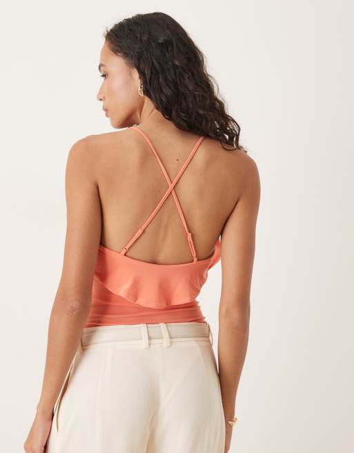 ASOS DESIGN – Korallfärgad body med volangdetalj och urringad halterneck, 2 av 4