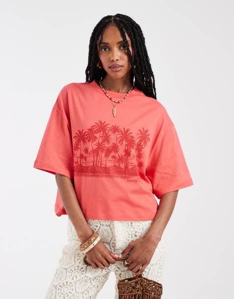ASOS DESIGN – Korallfärgad, kort t-shirt med boxig passform och palmtryck - view 1