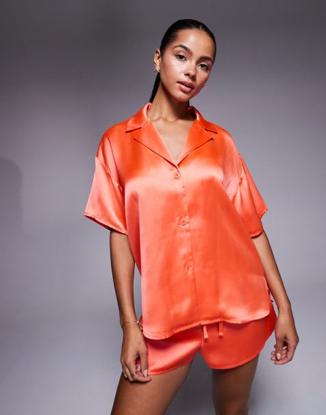 ASOS DESIGN – Korallfärgad, kortärmad skjorta i satin, del av set - view 1