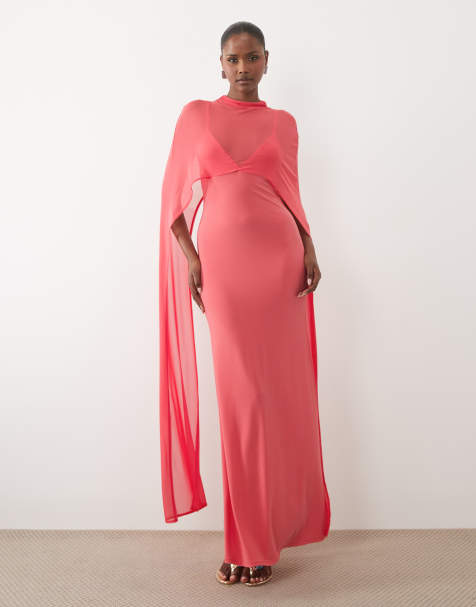 ASOS DESIGN – Korallfärgad maxiklänning med lång cape - view 1