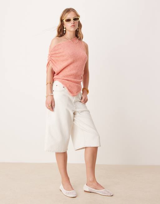 ASOS DESIGN – Korallfärgad, slubbvävd och enaxlad topp med drapering och asymmetrisk fåll, 3 av 4