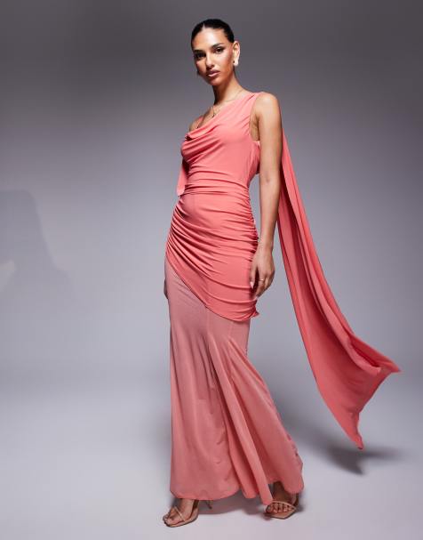 ASOS DESIGN asymmetric slinky ruched maxi dress with sheer skirt in coral