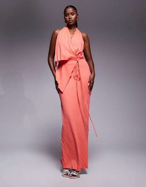 ASOS DESIGN pleated plunge maxi dress with asymmetric wrap detail in coral