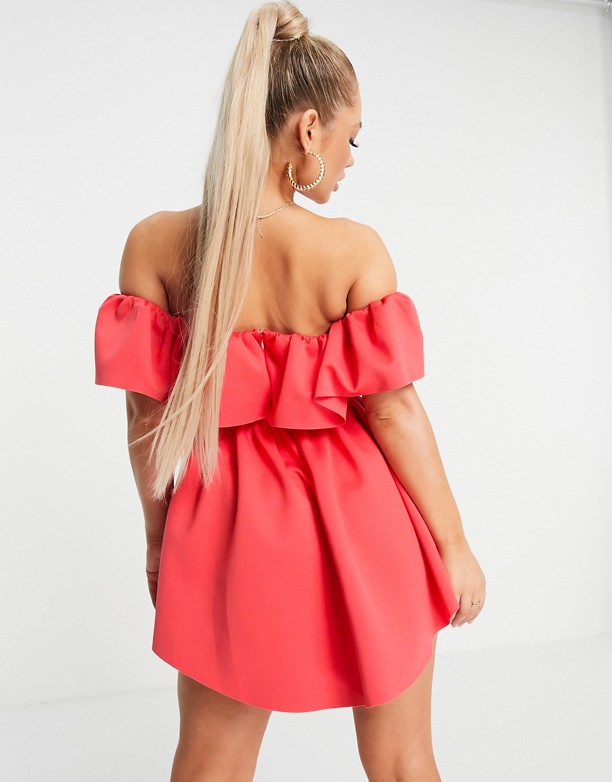  Wytrzymałe ASOS DESIGN – Koralowa sukienka mini z odsłoniętymi ramionami, z gorsetem i falbaną Koralowy