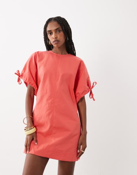 ASOS DESIGN – Koralowa sukienka mini z okrągłym dekoltem i wiązaniem przy rękawach - view 1