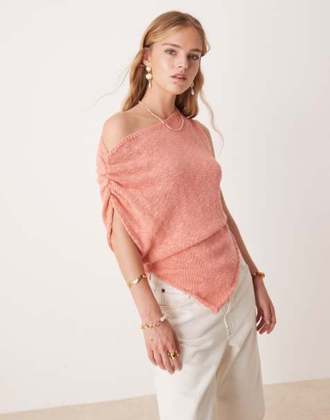 ASOS DESIGN knitted slub one shoulder drape top with asymmetric hem in coral