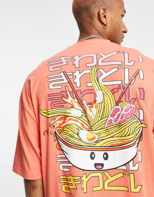 ASOS DESIGN – Koralowy T-shirt oversize z kreskówkowym nadrukiem zupy ramen na plecach