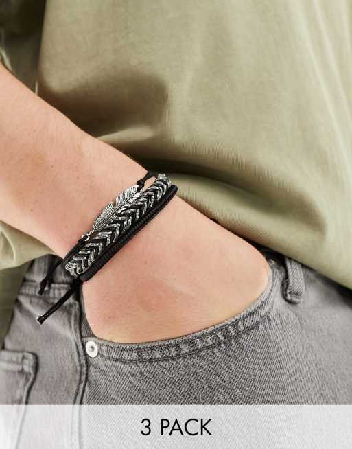 ASOS DESIGN – Kordel-Armbänder in Schwarz mit Feder-Design im 3er-Pack