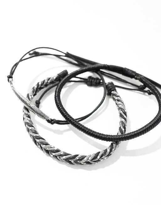 ASOS DESIGN – Kordel-Armbänder in Schwarz mit Feder-Design im 3er-Pack, 3 von 4