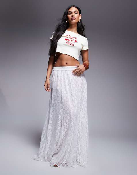 ASOS DESIGN – Koronkowa spódnica maxi z godetami w kolorze kości słoniowej - view 1
