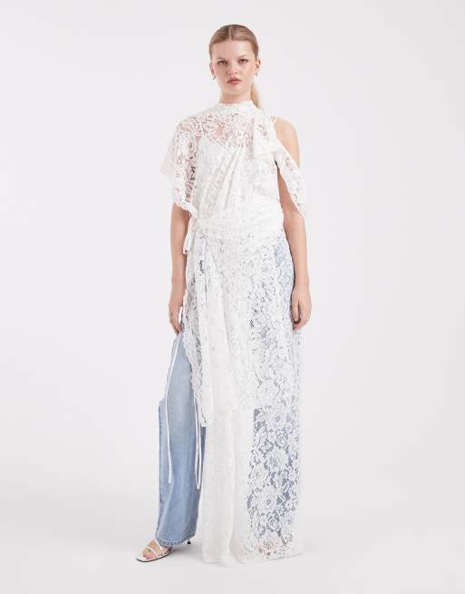 ASOS DESIGN – Koronkowa sukienka maxi z zabudowanym dekoltem i wiązaniem z boku w kolorze ecru