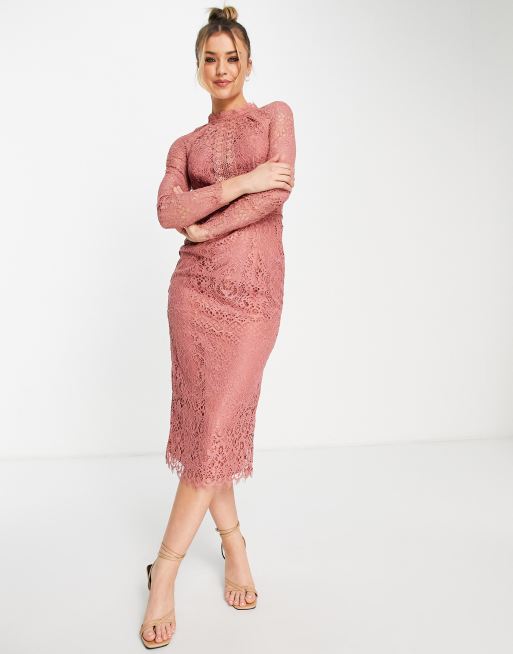 ASOS DESIGN – Koronkowa sukienka midi z koronkowym wykończeniem w różanym kolorze