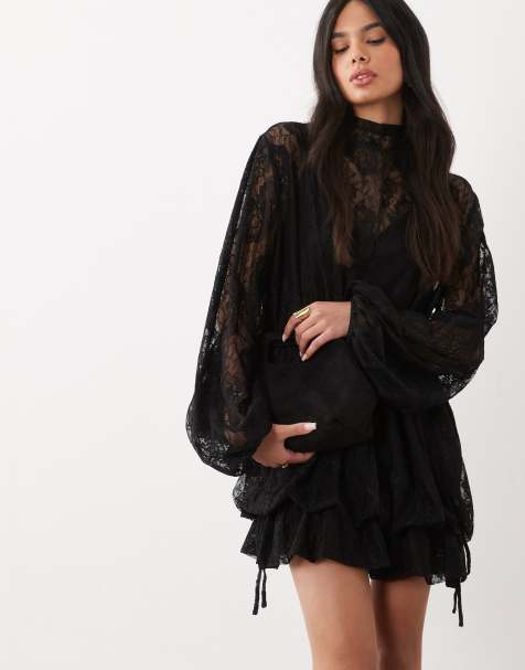 ASOS DESIGN koronkowa sukienka mini z bufiastym rękawem i detalem przy dole w kolorze czarnym - view 1
