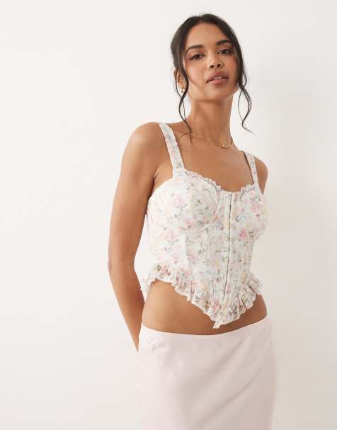 ASOS DESIGN – Koronkowy top gorsetowy w różowy, kwiatowy wzór, wykończony falbanką - view 1