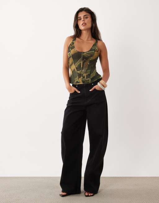 ASOS DESIGN koronkowy top gorsetowy z siateczki we wzór abstrakcyjny w kolorze khaki, 3 z 4