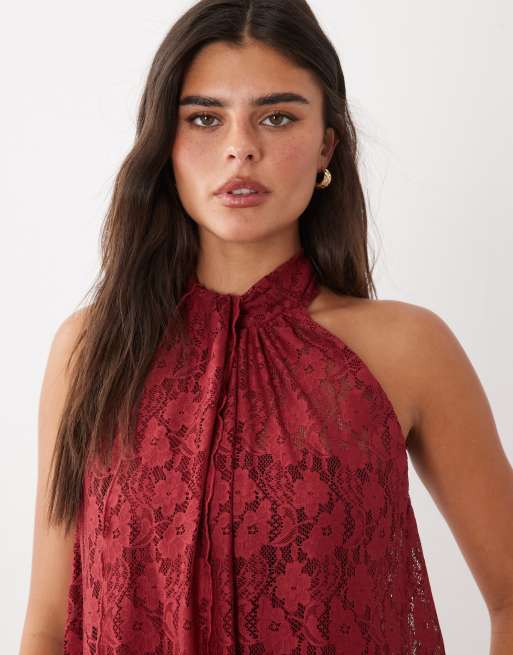 ASOS DESIGN koronkowy top halter z drapowaniem w czerwieni, 4 z 4