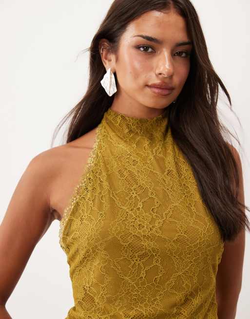 ASOS DESIGN koronkowy top z dekoltem typu halter w kolorze oliwkowym, 1 z 4