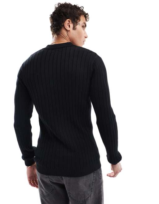 ASOS DESIGN – Körperbetonter Basic-Pullover aus Rippstrick in Schwarz mit Polokragen, 2 von 4