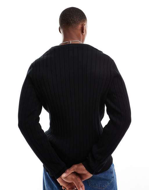 ASOS DESIGN – Körperbetonter Basic-Pullover aus Rippstrick in Schwarz mit V-Ausschnitt, 4 von 4
