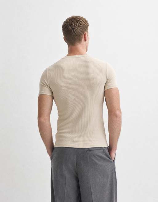 ASOS DESIGN – Körperbetontes Basic-T-Shirt in geripptem Beige, 8 von 10