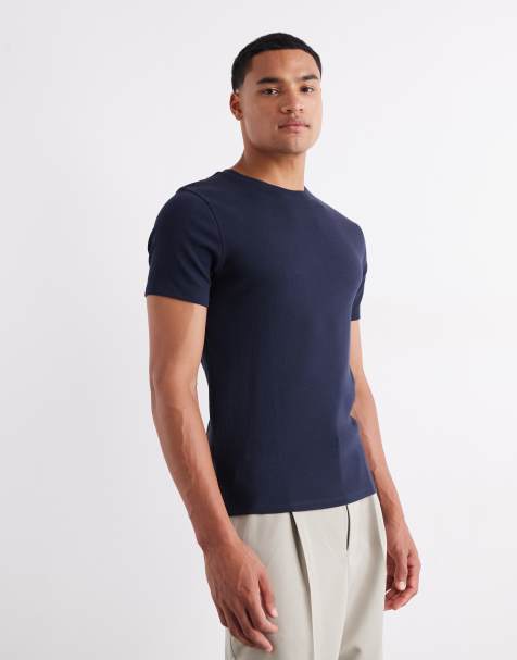 ASOS DESIGN – Körperbetontes Basic-T-Shirt in geripptem Marineblau - view 1