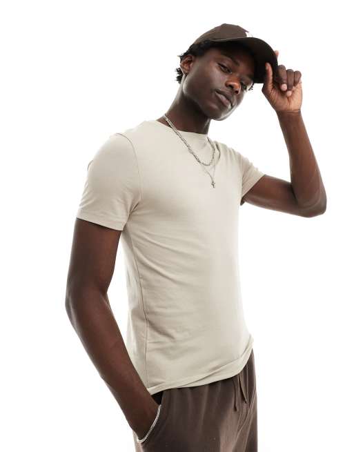 ASOS DESIGN – Körperbetontes Basic-T-Shirt in Steinbeige