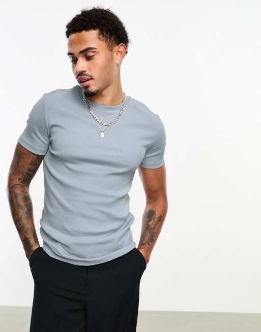 ASOS DESIGN – Körperbetontes, geripptes Basic-T-Shirt in Hellblau