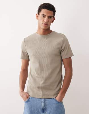 Körperbetontes, geripptes Basic-T-Shirt in Khaki-Grün Grün XS