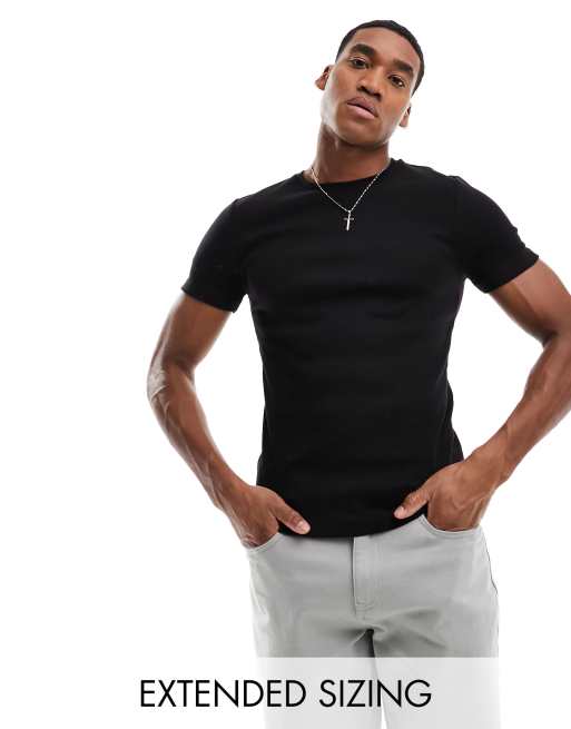 ASOS DESIGN – Körperbetontes, geripptes Basic-T-Shirt in Schwarz