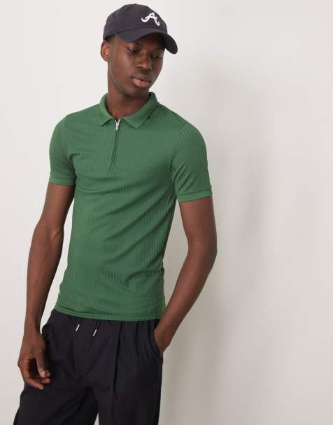 ASOS DESIGN – Körperbetontes geripptes Polohemd in Dunkelgrün mit Reißverschluss - view 1