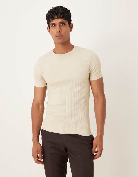 ASOS DESIGN – Körperbetontes, geripptes T-Shirt aus superschwerem Material in Beige - view 1