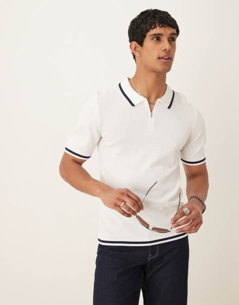 ASOS DESIGN – Körperbetontes, hochwertiges Baumwoll-Polohemd aus Strick in Wollweiß mit Zierstreifen und Reißverschluss - view 1