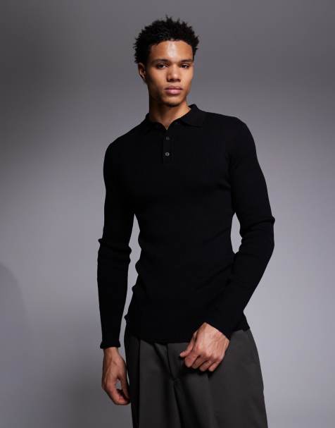 ASOS DESIGN – Körperbetontes, langärmliges Poloshirt aus Baumwollmix in Schwarz mit feiner Rippstruktur - view 1