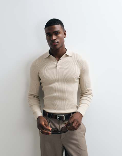 ASOS DESIGN – Körperbetontes, leichtes Basic-Polohemd aus Strick in Steinbeige mit feiner Rippenstruktur - view 1