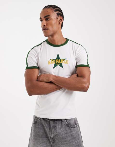 ASOS DESIGN – Körperbetontes Ringer-T-Shirt in Weiß mit Sao-Paulo-Grafikprint - view 1